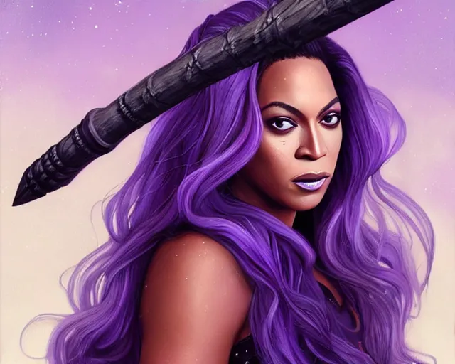 Image similar to beyonce as a wizard, purple streaks in hair, bat hovering on her shoulder, blue clothing, holding a staff, deep focus, d & d, fantasy, intricate, elegant, highly detailed, digital painting, artstation, concept art, matte, sharp, illustration, hearthstone, art by artgerm and greg rutkowski and alphonse mucha