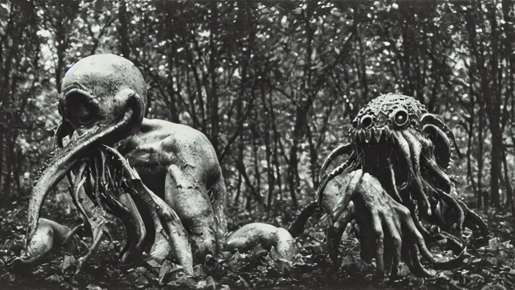 Prompt: An epic photo of an ancient terrifying Cthulhu in dark forest, consuming and eating and destroying a futuristic. by Diane Arbus and Louis Daguerre. highly detailed. 85mm, Bokeh