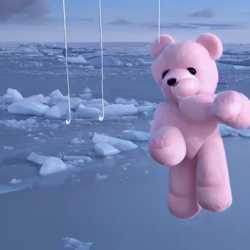 Image similar to a pink teddy bear heads interlink with plastic and metal chains floating in the sky over the Antarctic , unreal engine 5, realistic