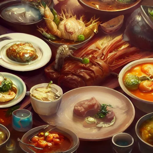 Image similar to A close up shot of a table-spread of amazing food hot and fresh and steaming, ultra high detailed, oil painting, Greg Rutkowski, Charlie Bowater, Yuumei, Yanjun Cheng, unreal 5, DAZ, hyperrealistic, octane render, RPG portrait, dynamic lighting, fantasy art, beautiful