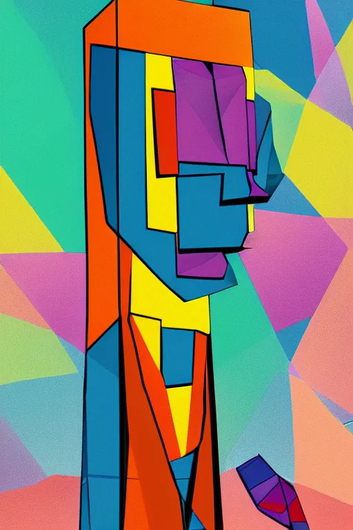 Image similar to cubist moai statue cutout digital illustration cartoon colorful beeple