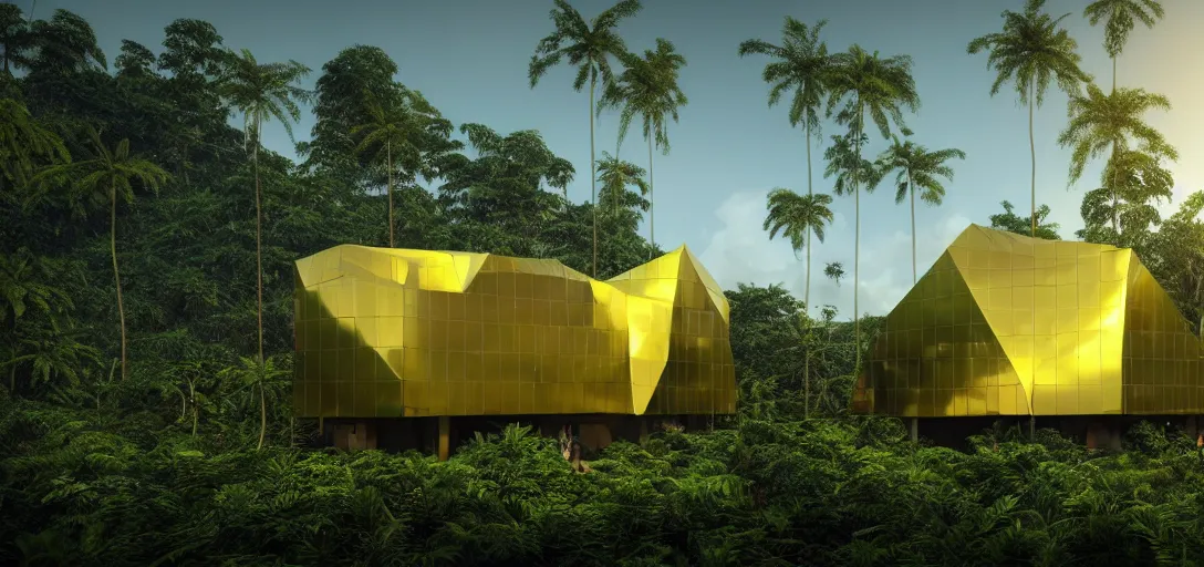 Image similar to futuristic shinny golden building camouflaged in the amazonian jungle landscape of a solarpunk world by alvar aalto, golden roads by le corbusier, movie poster, golden ratio, at dusk lighting, evening lighting, reflections and refractions, film still, hyper realistic, octane render redshift arnold materials unreal engine, 8 k, post production, hyper detailed