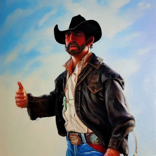 Prompt: a painting of a cowboy saying no and giving a thumbs down, trending on artstation