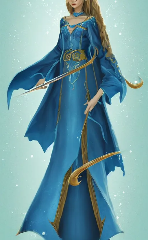 Image similar to elf female sorcerer doing water magic spells, blue robes, exquisite details, full body character design on a white background, by studio muti