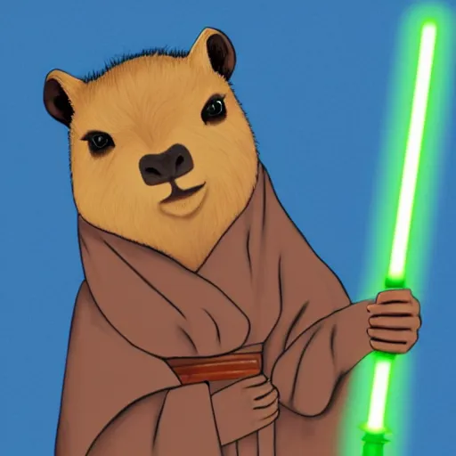 Image similar to an illustration of a capybara wearing a sith robe and holding a lightsaber, Digital art