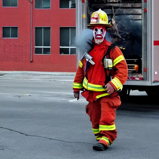 Image similar to a clown wearing firefighter clothes, using a flamethrower on a dumpster fire