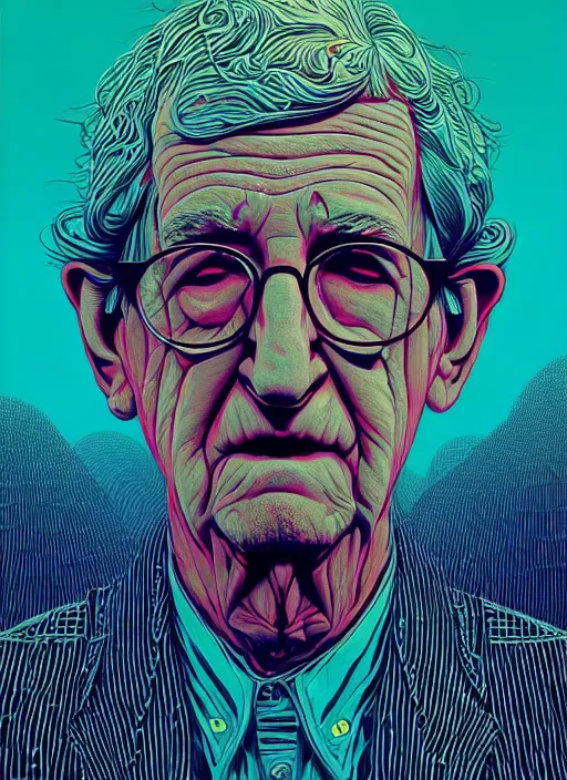 Prompt: symmetry!! stunning portrait of noam chomsky!! by victo ngai, kilian eng vibrant colours, dynamic lighting, digital art, winning award masterpiece, fantastically beautiful, illustration, aesthetically inspired by beksinski and dan mumford, trending on artstation, art by greg rutkowski, 8 k