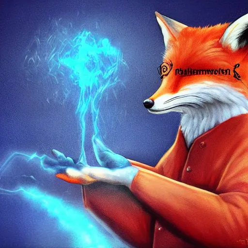 Prompt: stern looking fox in a labcoat, casting a magic spell, digital art,