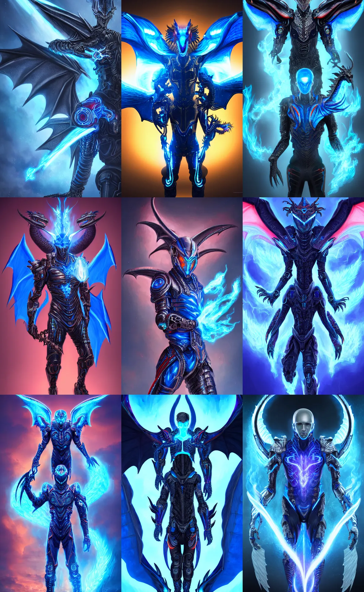 Image similar to young male cyborg with a dragon - inspired suit, dragon head, dragon wings, dragon tail, wielding a blue flame, digital art, alien, rich iridescent colors, d & d, very detailed, symmetrical, 8 k hd, futuristic