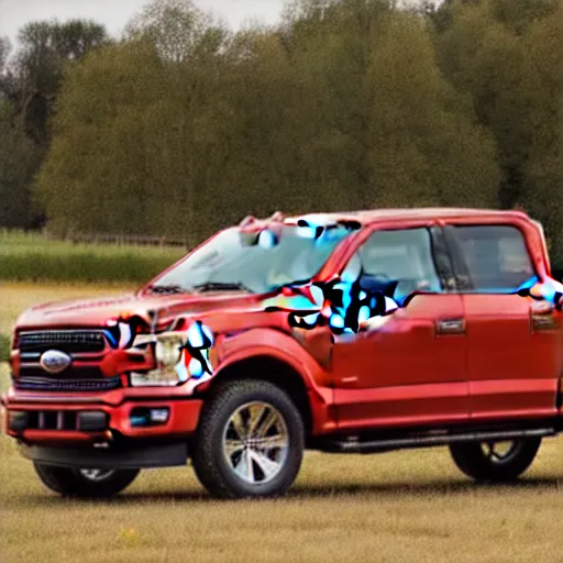 Prompt: A photograph of a red Ford F-150 pickup truck (2018) in a farm field, photo taken in 2018