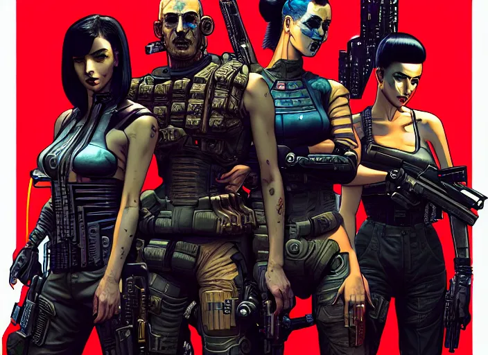 Image similar to cyberpunk blackops samurai squad. portrait by stonehouse and mœbius and will eisner and gil elvgren and pixar. character design. realistic proportions. cyberpunk 2 0 7 7 character art, blade runner 2 0 4 9 concept art. cel shading. attractive face. thick lines. the team. diverse characters. artstationhq.