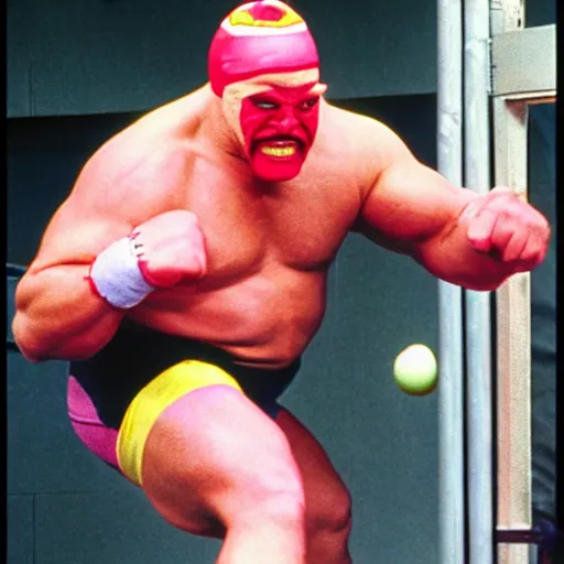 Prompt: hulk hogan fights mr. blobby in a wrestling cage match