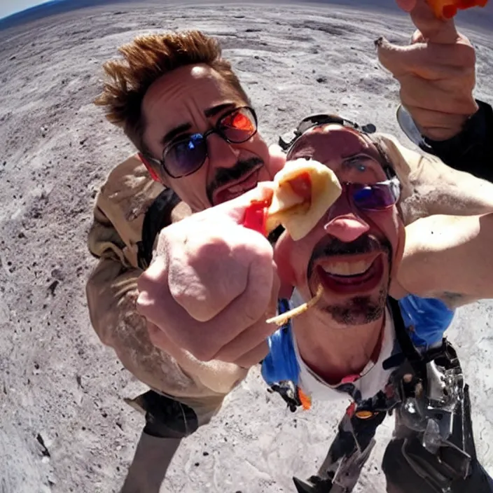 Image similar to robert downey jr eating a delicious hot dog on the moon, gopro selfie with a fisheye lens