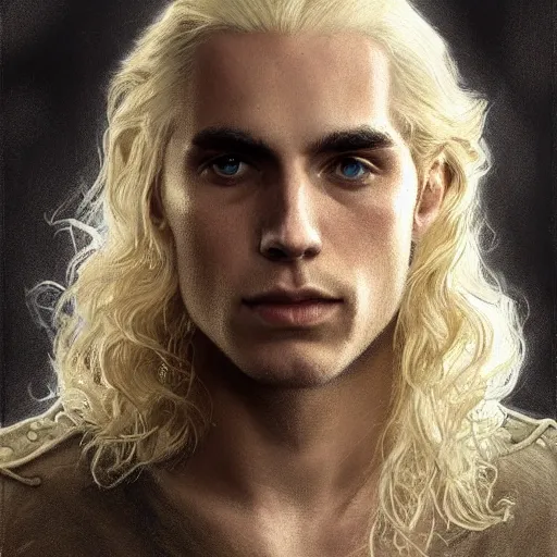 Image similar to Viserys Targaryen in rapture, very detailed sharp angular masculine face, hooked nose and square jaw long fluffy curly blond hair, light blond hair, gorgeous, beautiful, intricate, highly detailed, digital painting, artstation, concept art, sharp focus, illustration, art by greg rutkowski and alphonse mucha