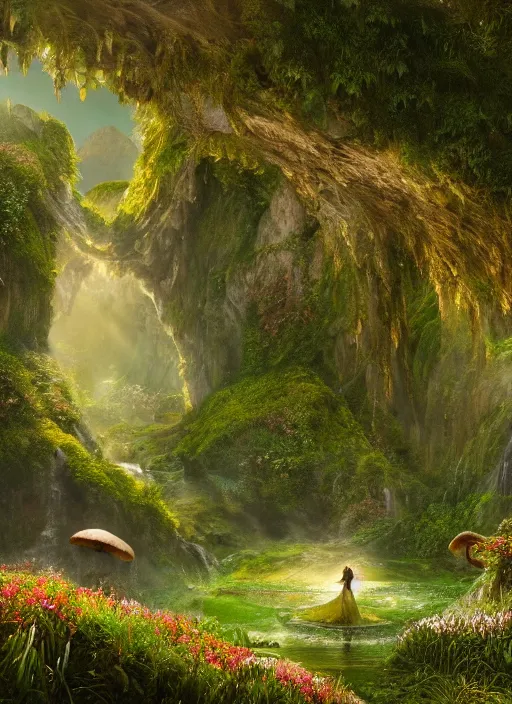 Image similar to an elegant winged fairy in the lord of the rings scenery landscape, playing in a vast lush valley flowers and mushroom structures, stream, sunrise, god's rays highly detailed, vivid color, cinematic lighting, perfect composition, 8 k, gustave dore, derek zabrocki, greg rutkowski, belsinski, octane render