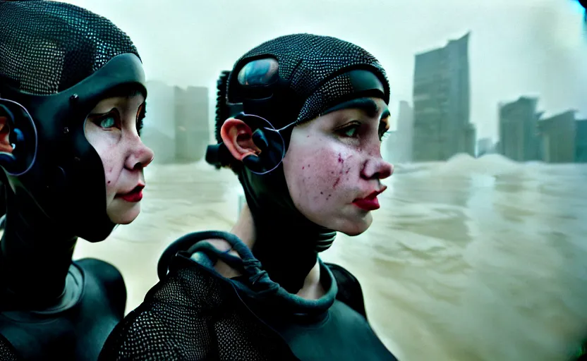 Image similar to cinestill 5 0 d candid photographic portrait by helen levitt of two loving female androids wearing rugged black mesh techwear in treacherous waters, extreme closeup, modern cyberpunk moody emotional cinematic, dust storm, 8 k, hd, high resolution, 3 5 mm, f / 3 2, ultra realistic faces, ex machina