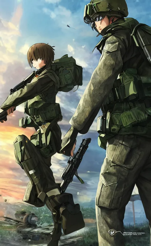 Image similar to girl, trading card front, future soldier clothing, future combat gear, realistic anatomy, concept art, professional, by ufotable anime studio, green screen, volumetric lights, stunning, military camp in the background, metal hard surfaces, generate realistic face, strafing attack plane