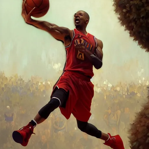 Prompt: A expressive oil painting of a basket ball player dunking, highly detailed, artstation, sharp focus, illustration, art by artgerm and greg rutkowski and alphonse mucha and leonardo da vinci