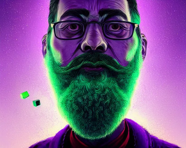 Image similar to portrait of bearded wizard with purple and green cubes orbiting head, intricate abstract. intricate artwork, by tooth wu, wlop, beeple, dan mumford. concept art, octane render, trending on artstation, greg rutkowski very coherent symmetrical artwork. cinematic, key art, hyper realism, high detail, octane render, 8 k, iridescent accents