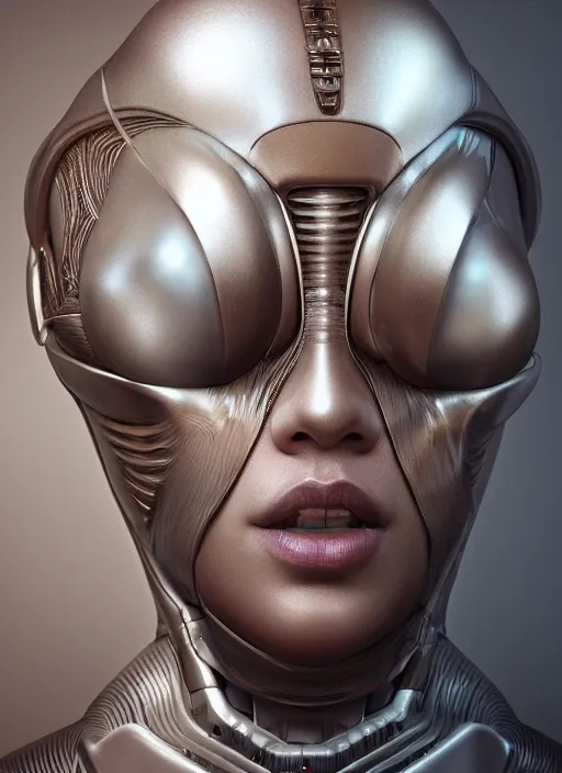 Image similar to beautiful portrait of an alien cyborg, style of Feng Zhu, Artstation geometric, aesthetic, big eyes, smooth skin, angelic, unique features, symmetrical, intricate crown, high fashion, streetwear, cyberpunk, detailed, octane render, cinematic, 8k, brown skin, retro sci fi film, Stanisław Szukalski + Moebius,