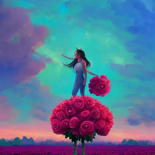 Image similar to giant rose flower head, full body girl standing in a flower field, surreal photography, sunrise, dramatic light, impressionist painting, colorful clouds, digital painting, artstation, simon stalenhag