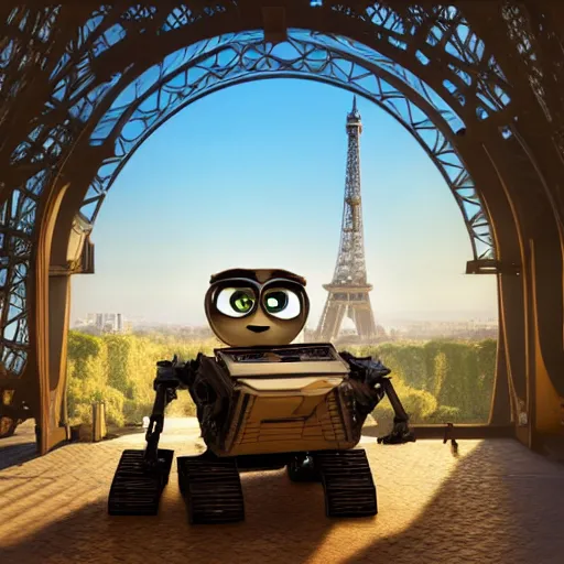 Image similar to wall - e visiting the eiffel tower, realism, 4 k, rim lighting,