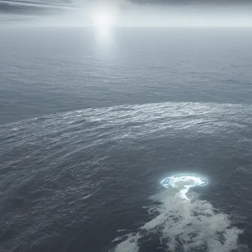 Prompt: top down view of an alien ocean with sea serpent emerging on top of it, detailed, cinematic lighting, storm is happening, unreal engine 4 render, artstaion