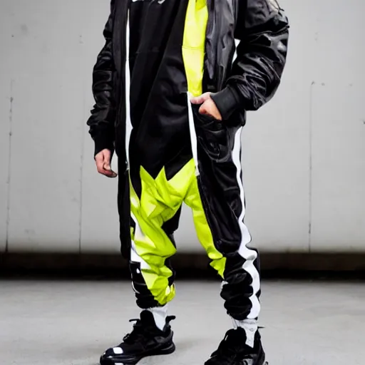 Prompt: rotterdam gabber full body portrait. black jacket with thunderdome logo, nike pants, nike airmax sneakers