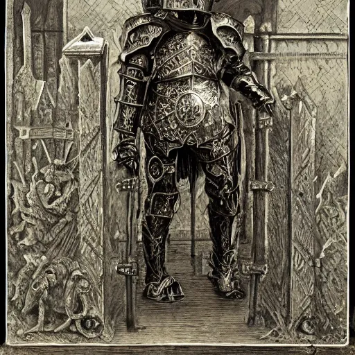 Prompt: gothic knight, intricate etched armor, standing astride a gate, johannes voss