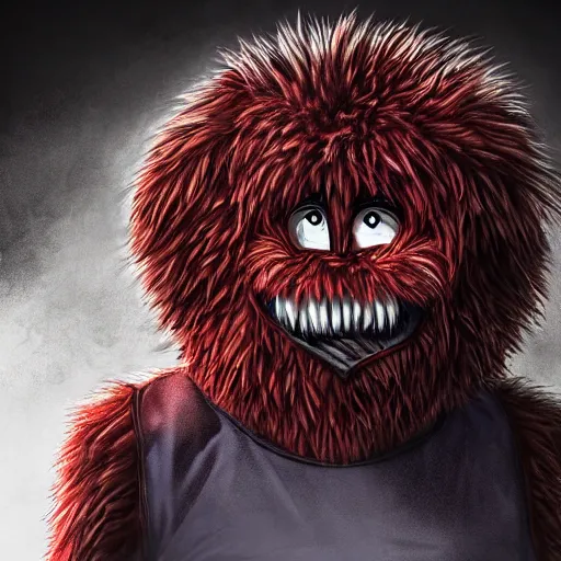 Image similar to scary anime Portrait of horrific Youppi the Habs Montreal Canadiens Mascot as a very dead powerful and violent pokemon, Youppi eating Boston Bruins Bear Logo, lots of blood, highly detailed anime, high evolution, 1990s, haunted shiny legendary, darkness, smooth, sharp focus, dynamic lighting, intricate, trending on ArtStation, stuff of nightmares, illustration pokemon, art by WLOP