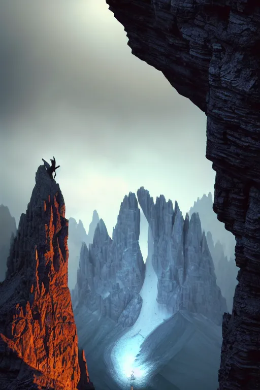 Image similar to emissary gargoyle standing of the edge of a cliff in the italian dolomites in the pouring rain during blue hour by arthur haas and bruce pennington and john schoenherr, cinematic matte painting, zaha hadid building, photo realism, dark moody color palate, blue hour stars, desolate glacial landscape,