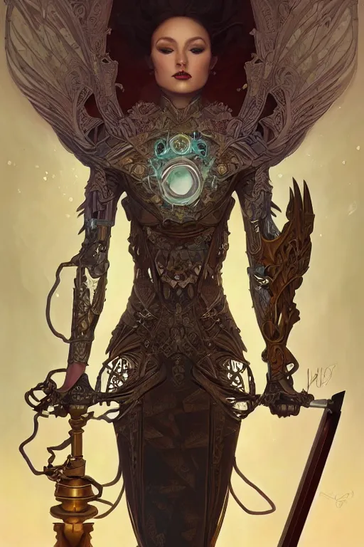 Prompt: a full body portrait of mixed angel and art nouveau automaton, holding glowing spear of justice, fantasy, sharp focus, intricate, elegant, digital painting, artstation, matte, highly detailed, concept art, illustration, ambient lighting, art by peter mohrbacher, johannes voss, jingna zhang