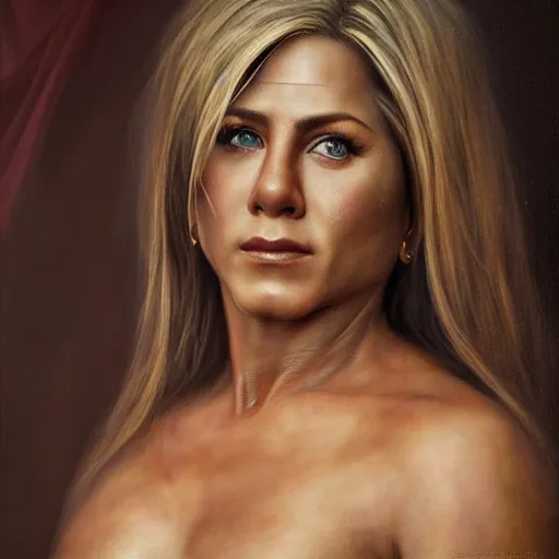 Image similar to the portrait of jennifer aniston as amazon warrior in an elegent dress by roberto ferri, fantasy, witcher, very detailed oil painting, masterpiece, 8 k, full face