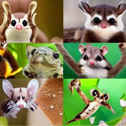 Prompt: Super cute animal combination of Sugar glider, Gecko, Sand cat, Bee hummingbird, Racoon dog, Pygmy hippopotamus , Leafy sea dragon, Elephant Shrew, Margay, Klipspringer, Fennec Fox, Tawny frogmouth, Tarsier, Quetzal and Star-nosed mole