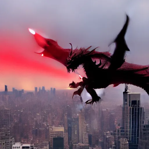 Image similar to a black dragon with red eyes, firing on new york city,