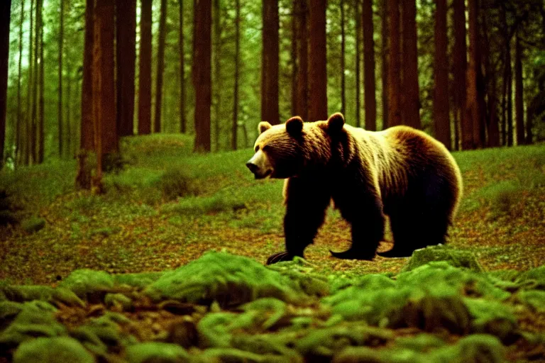 Image similar to a movie still of a bear in a forest by walerian borowczyk, immoral tales, grain, technicolor, high definition, remastered, wide angle, 7 0 mm, wide shot, cinematic