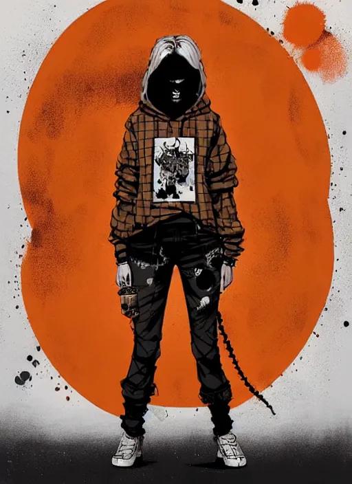 Image similar to highly detailed portrait of a sewer punk lady, tartan hoody, blonde ringlet hair by atey ghailan, by greg rutkowski, by greg tocchini, by james gilleard, by joe fenton, by kaethe butcher, gradient orange, black, blonde cream and white color scheme, grunge aesthetic!!! ( ( graffiti tag wall background ) )