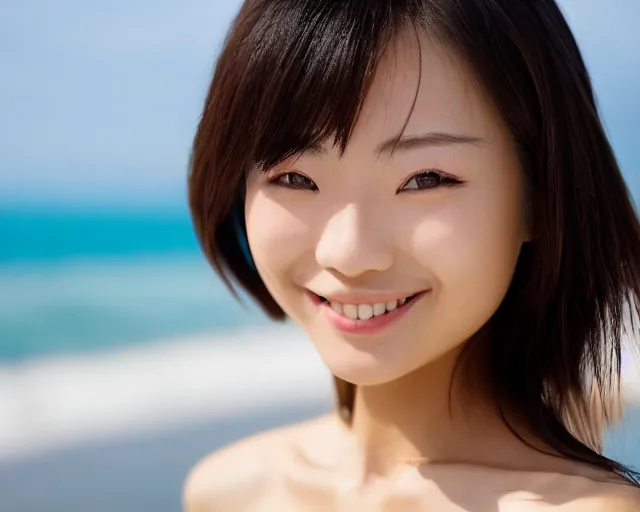 Prompt: japanese model girl smiling at camera at the beach show head