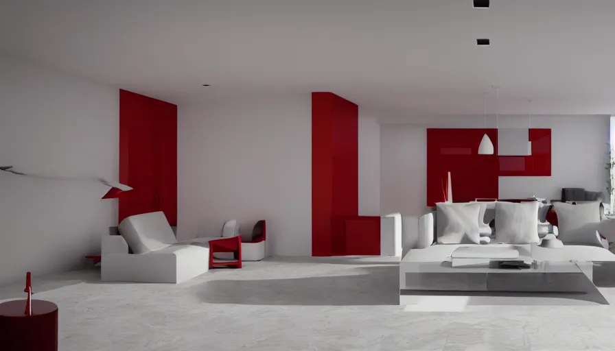 Prompt: interior photo of a ceramic tile futuristic house, octane render, minimalism, white and red colour palette, dramatic lighting