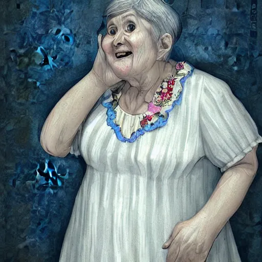 Prompt: of a very funny ambient occlusion render.. a sweet fat old woman is in love with her self. flowery dress. symmetrical face, red mouth, blue eyes. deep focus, lovely scene. ambient occlusion render. concept art. unreal engine. pencil and ink. goya painting style.