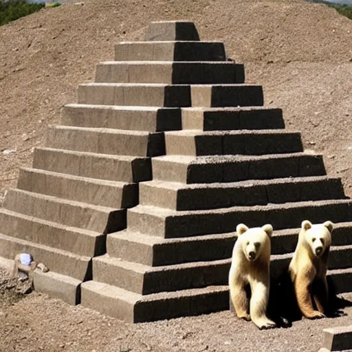 Prompt: a pyramid made of bears