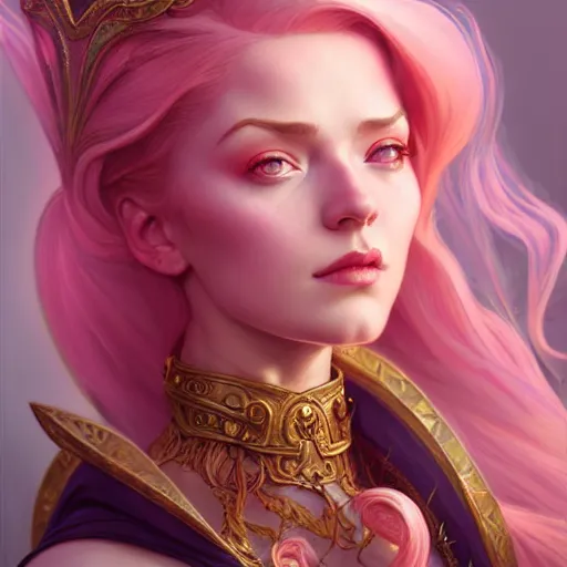 Image similar to aristocrat sad, female, d & d, fantasy, intricate, elegant, highly detailed, pink hair, digital painting, artstation, octane render, concept art, matte, sharp focus, illustration, hearthstone, art by artgerm, alphonse mucha johannes voss