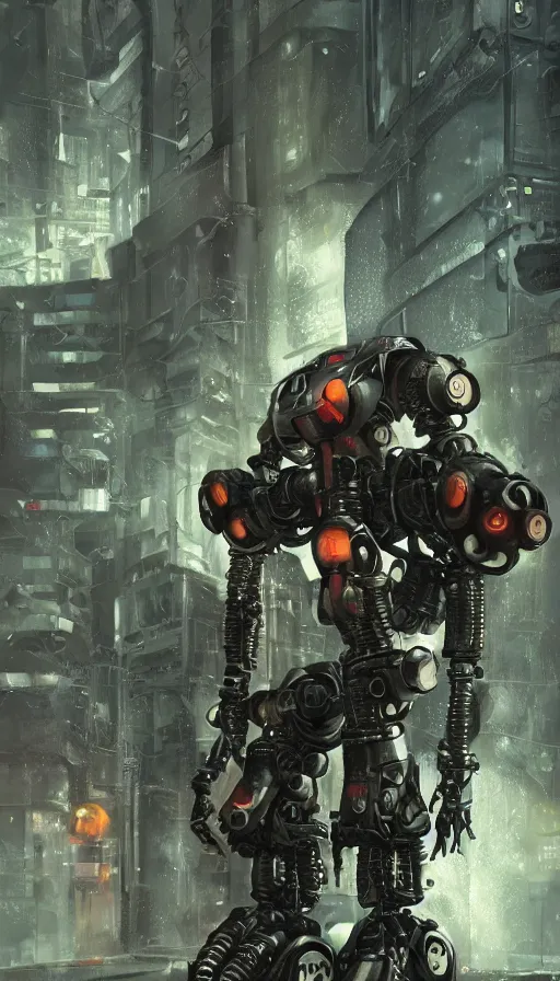 Prompt: steampunk robot vs cyberpunk robot, raining, sharp focus, alexander wells, cinematic, game art, extremely detailed digital painting