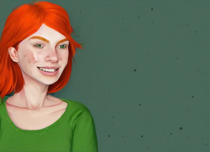 Prompt: portrait of a beautiful smiling girl with orange hair and freckles, green eyes, highly detailed, digital painting, style by Gretel Lusky, artstation, concept art, smooth, sharp, focus, illustration. background is purple