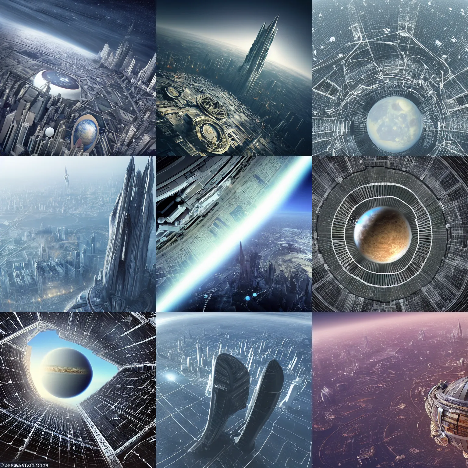 Prompt: orbital perspective of a planet with a huge gargantuan building and city megastructure big enough to protrude from the planet atmosphere, epic, vast, gothic, space scene, beautiful, rich, intricate detail, realistic, gargantuan