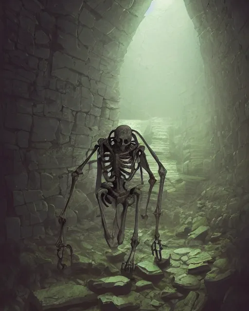 Image similar to a skeleton chained up in a corner of an old abandoned dungeon, very little moss, dark, ancient. Atmospheric lighting, By Makoto Shinkai, Stanley Artgerm Lau, WLOP, Rossdraws, James Jean, Andrei Riabovitchev, Marc Simonetti, krenz cushart, Sakimichan, D&D trending on ArtStation, digital art.