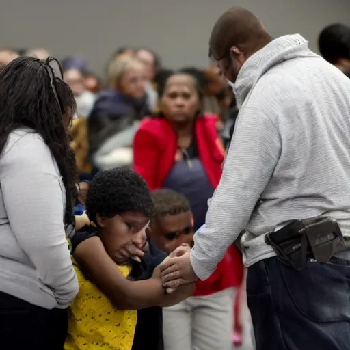 Prompt: a mom accused of bullying at aa farm in suburban chicago, illinois, tuesday, septembera & m holds hands on prompt hearing by hundreds of migrants and their communities at large in wisconsin and illinois. style of stormy beings