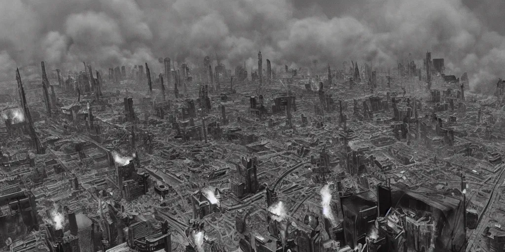 Prompt: dieselpunk city skyline ablaze, huge fires everywhere, everything burning, aerial view, wide shot, 120 black and white film