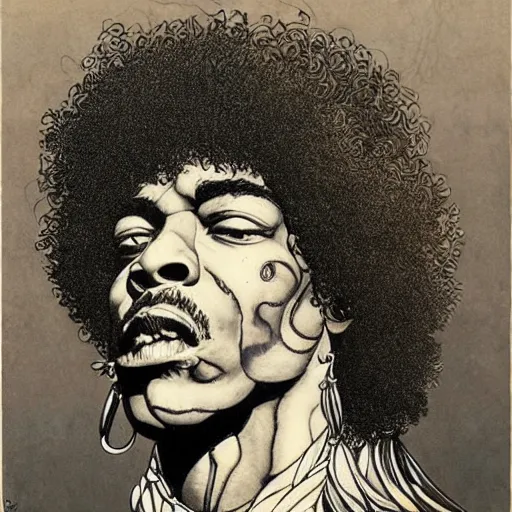 Image similar to artwork by Franklin Booth showing a portrait of Jimi Hendrix, afro futurism