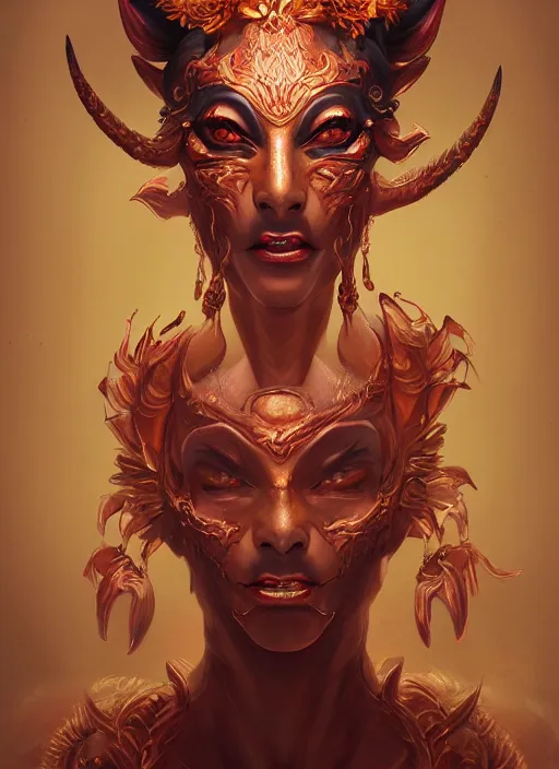 Prompt: a beautiful detailed oil on copper art illustration of a japanese namanari mask devil woman, centered, by charlie bowater, zeng fanzh, trending on artstation, dim dusk lighting, cinematic lighting, detailed lighting, volumetric lighting, realistic, f 8, 4 k hd wallpaper